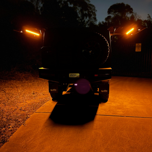 Polaris LED light bars, amber, mounted on the inside of FJ45 canopy doors