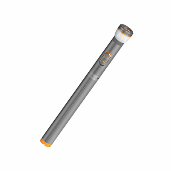 Compact and portable torch-style camping light with built-in tripod and controls