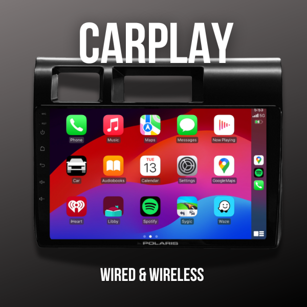 Polaris 70 Maxx24 head unit showing wired and wireless Apple CarPlay for Toyota Landcruiser 2024+