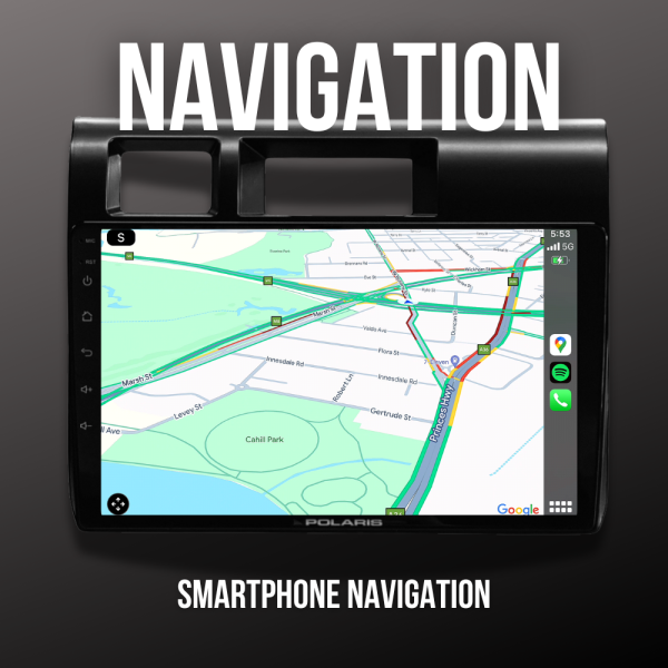 Smartphone GPS navigation displayed on Polaris 70 Maxx24 head unit for Toyota Landcruiser 2024 and up