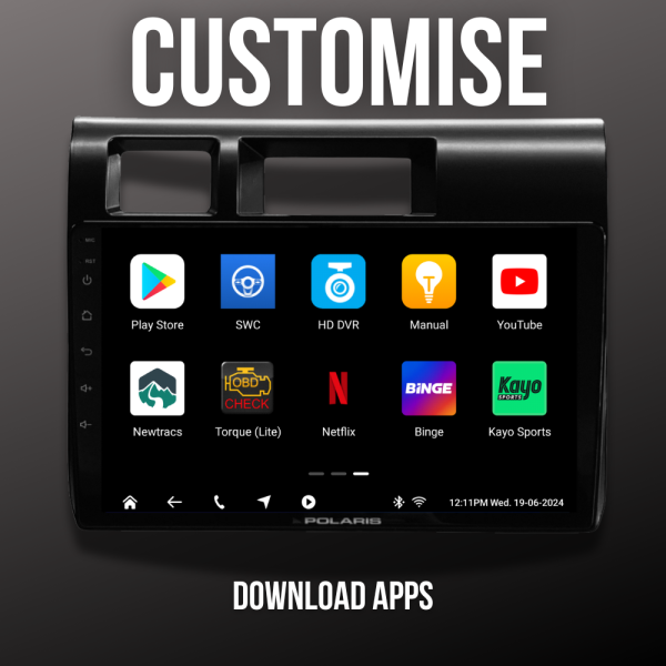 Customisable Polaris head unit interface with app downloads like Netflix, Newtracs, and YouTube on the 70 Maxx24