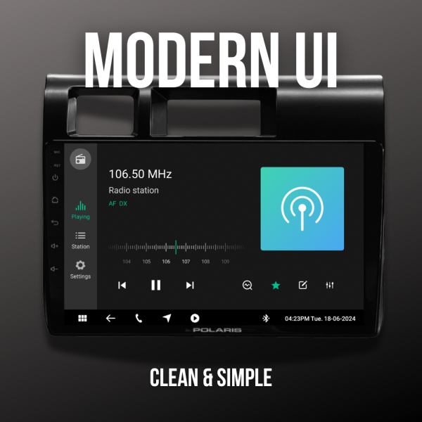 Simple and modern user interface of the Polaris 70 Maxx24 head unit, displaying radio function